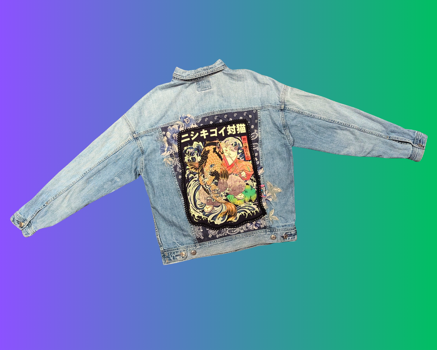Handmade, Upcycled Japanese Design, Cat Fighting Fish, Denim Jacket Size XS