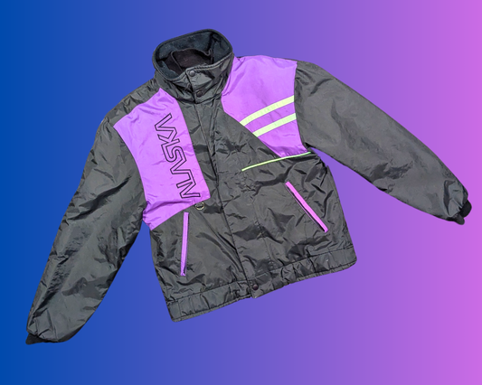 Blouson aviateur noir et violet vintage des années 1990 par Alaska Taille S
