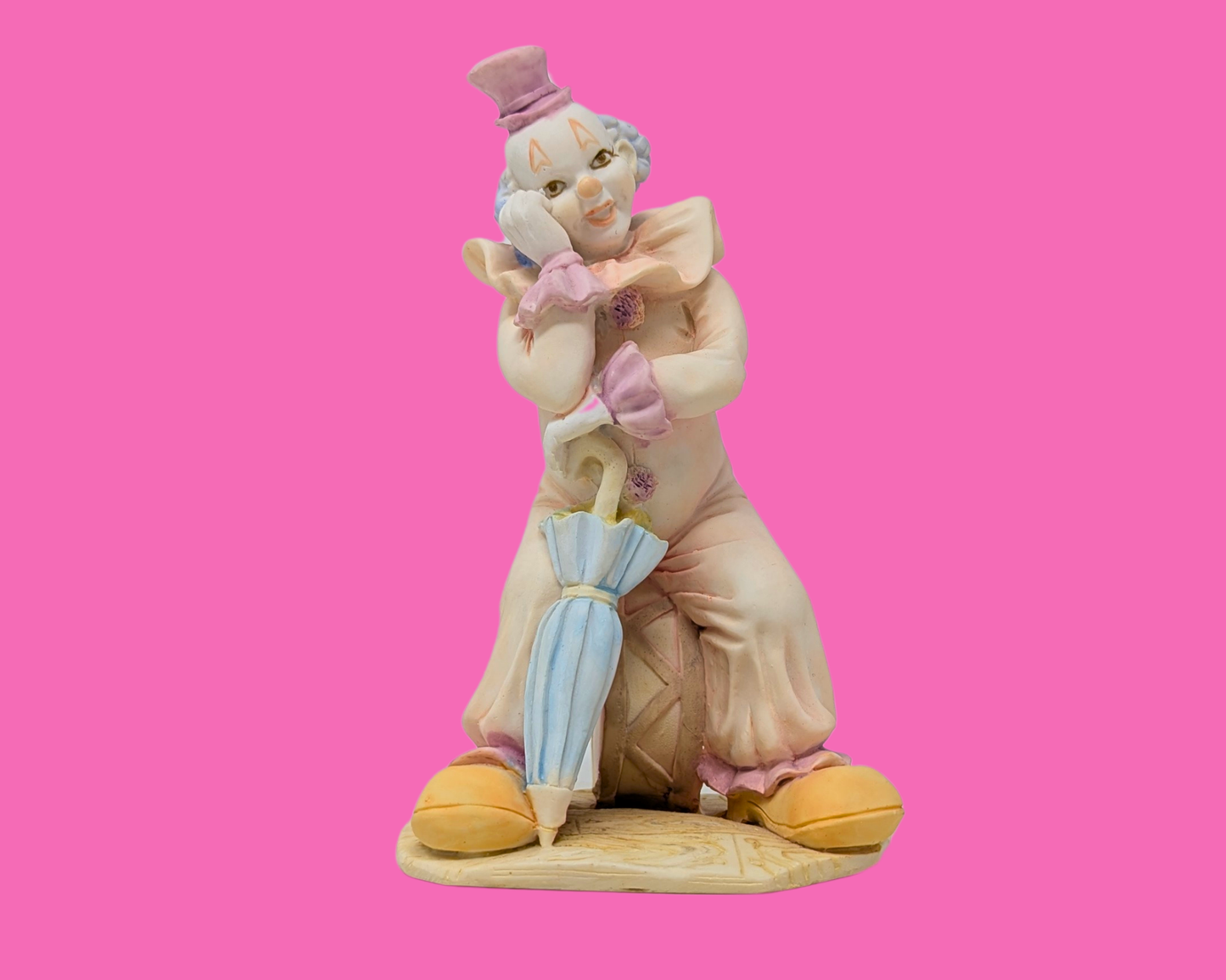 Vintage 1990's Ceramic Porcelain Pink Pastel Clown with Umbrella Sitting on Drum