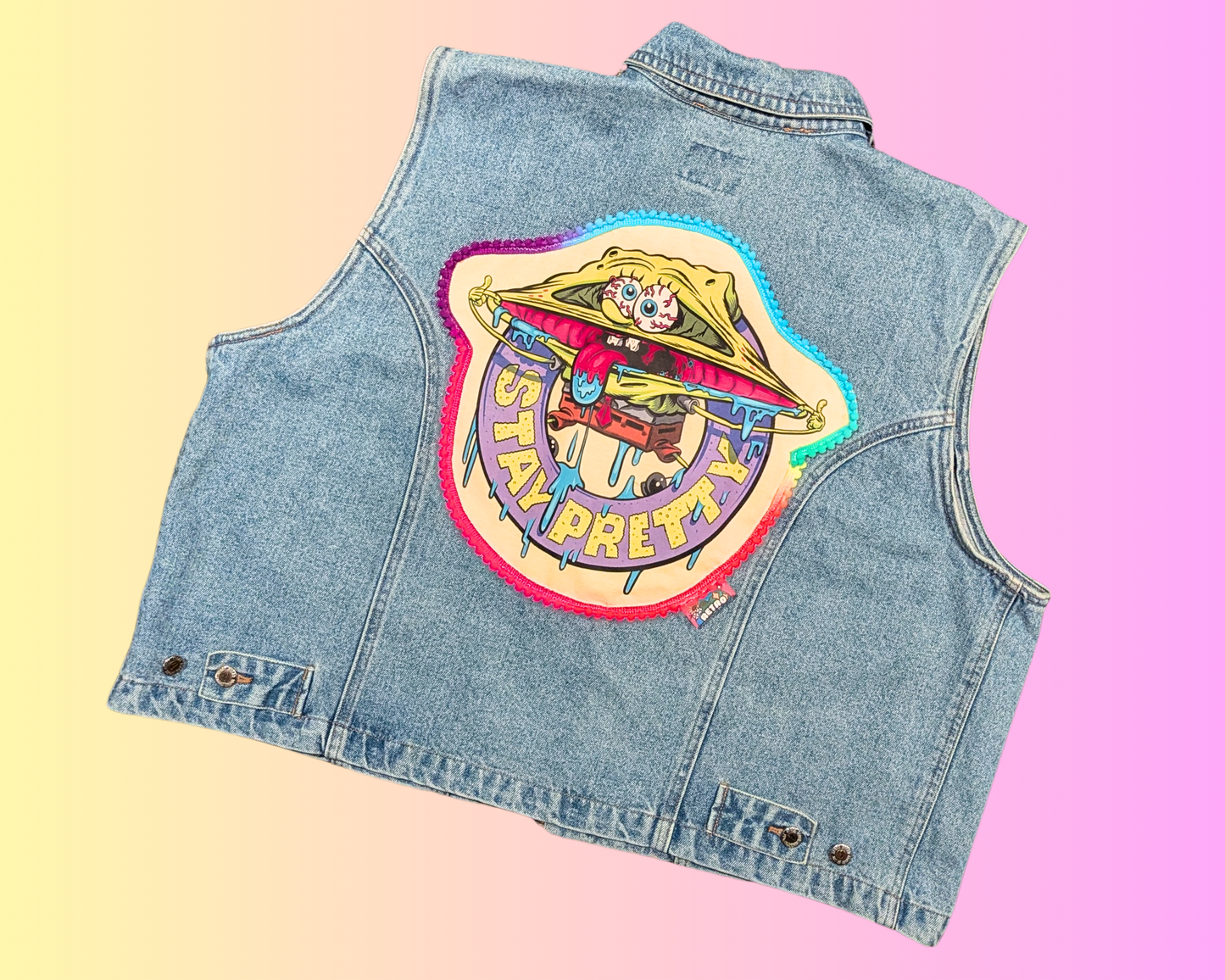 Handmade, Upcycled Sponge Bob Square Pants Denim Jacket/Vest Size 24 + (XXL)