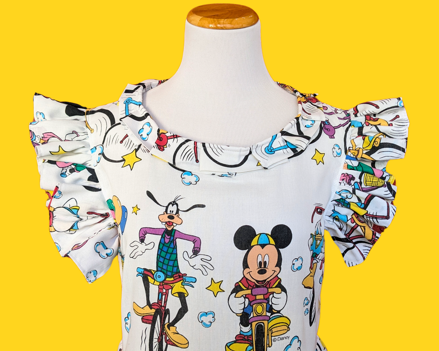Handmade, Upcycled Vintage 1990's Walt Disney Mickey Mouse and Friends on Bicycles Bedsheet Dress Size S