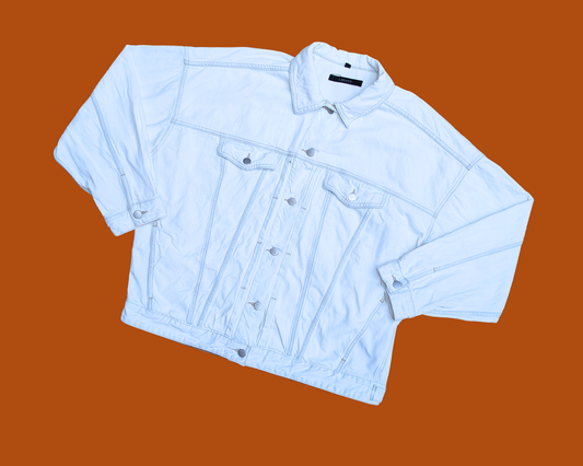 Handmade, Upcycled Terry Fox White Denim Jacket Size L