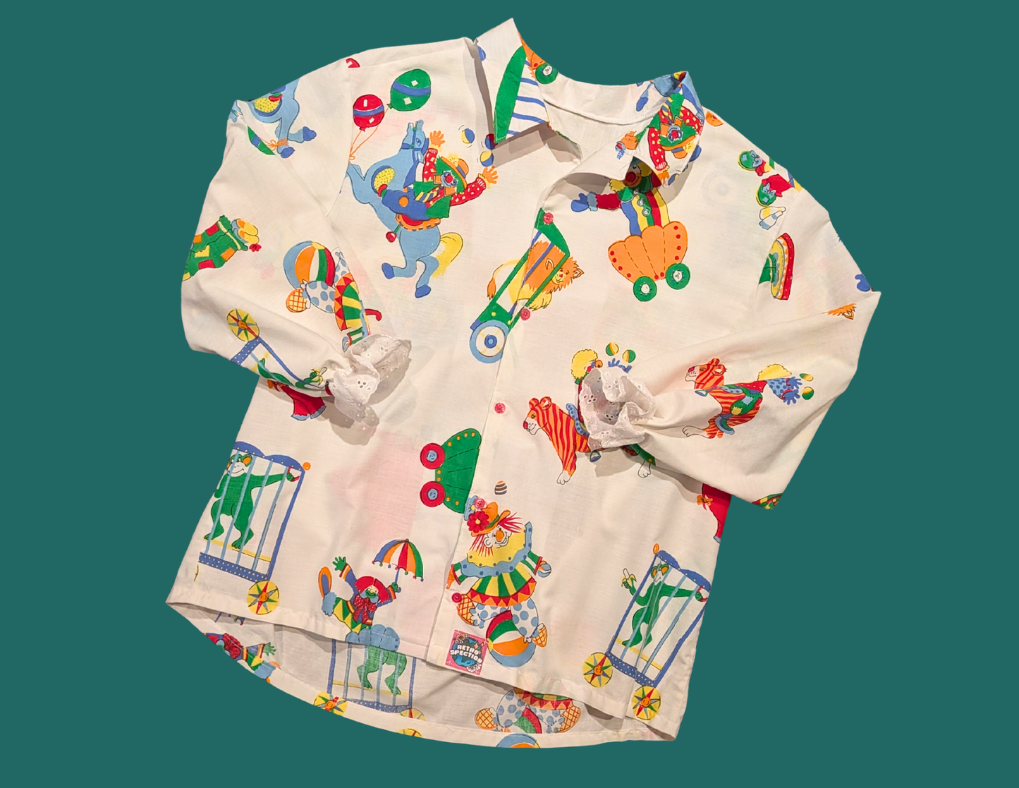 Handmade, Upcycled Vintage Clowns Bedsheet Mid-Length Sleeve Button Down T-Shirt L