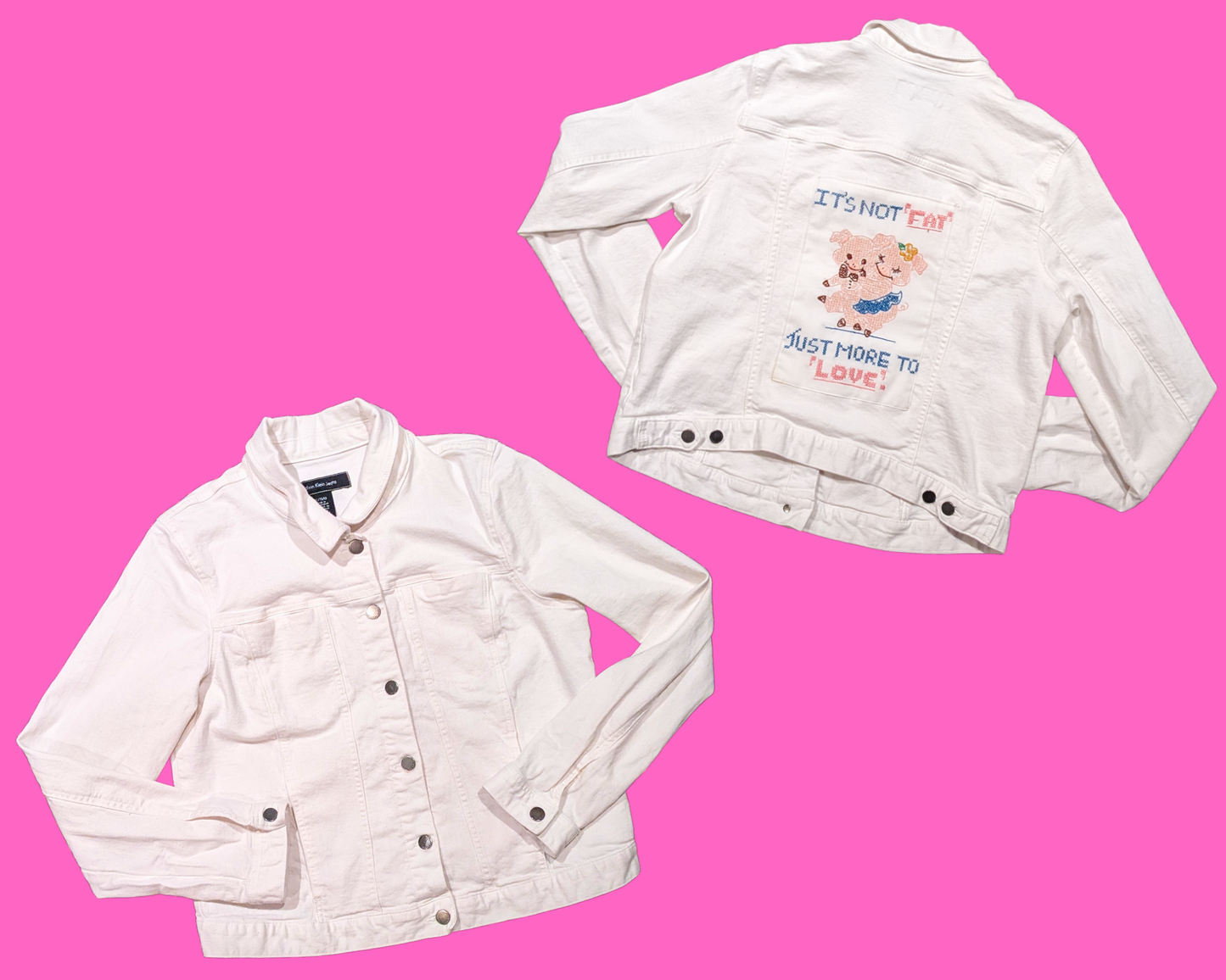 Handmade, Upcycled White Denim Calvin Klein Jacket with Piggies Embroidered Patch on the Back ''It's Not Fat, Just More To Love'' Size XL (Fits Smaller)