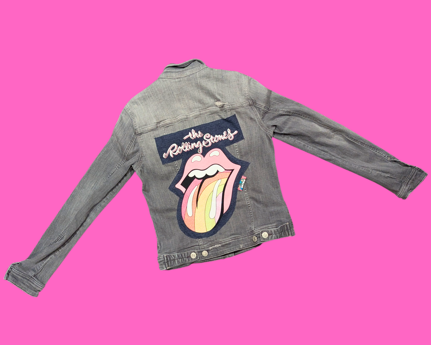 Handmade, Upcycled The Rolling Stones T-Shirt Gray Denim Jacket Size S
