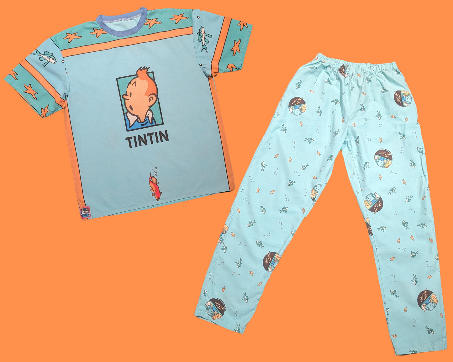 Handmade, Upcycled Tintin Bedsheet Pajama Set (T-Shirt + Bottoms) Size M-L