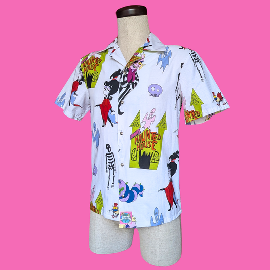 Handmade, Upcycled Beetlejuice Bedsheet Button Down Shirt Size XS