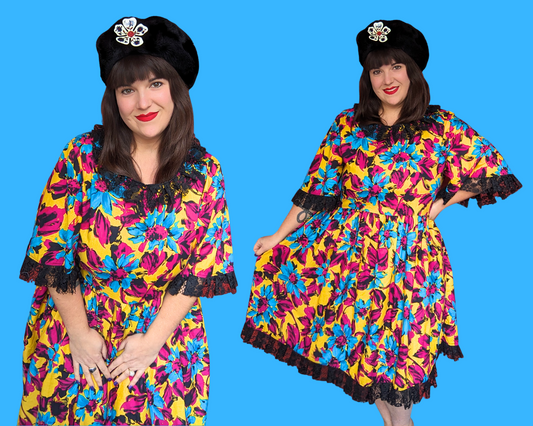 Robe vintage à motifs floraux des années 1980, fabriquée à la main et recyclée, tailles L à XL