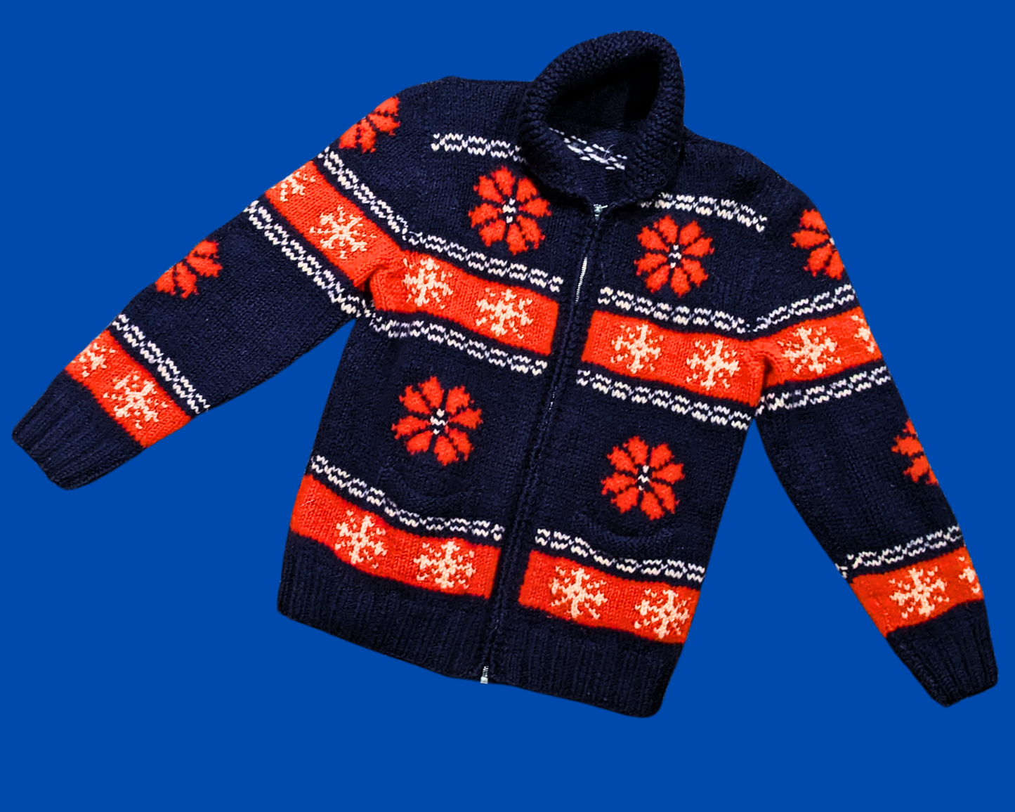 Vintage 1970's Blue and Red Wool Cardigan Size S