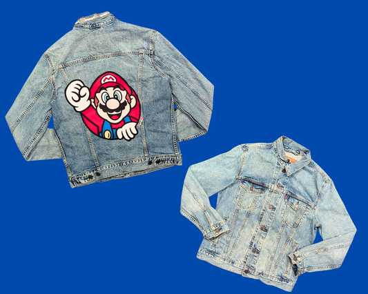 Handmade, Upcycled Denim Jacket with a Nintendo Super Mario Bros T-Shirt Size M for Men