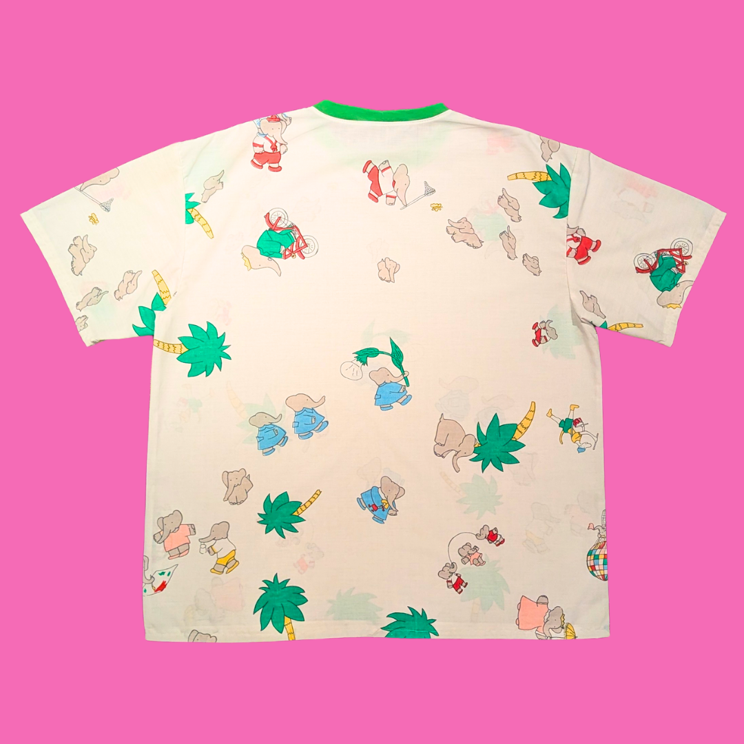 Handmade, Upcycled Babar Bedsheet T-Shirt Oversized L-XL, Fitted 2XL