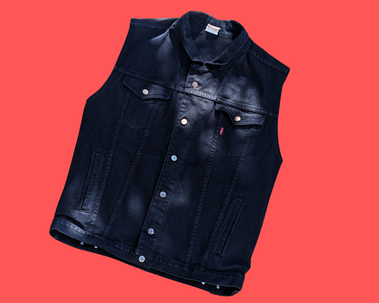Handmade, Upcycled Killer Klowns From Outer Space T-Shirt Black Sleeveless Denim Jacket Size L