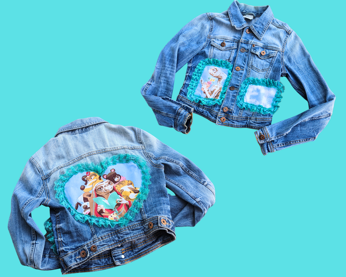 Handmade, Upcycled Denim Jacket Patched Up with Bedsheets Scraps of E.T Size S