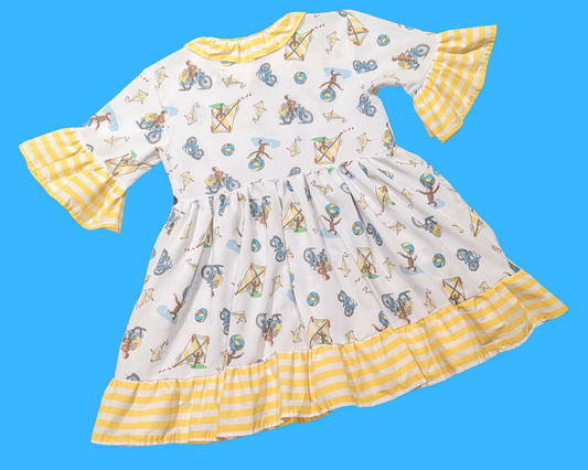 Handmade, Upcycled Curious George Bedsheet Dress Fits Size S-M-L-XL