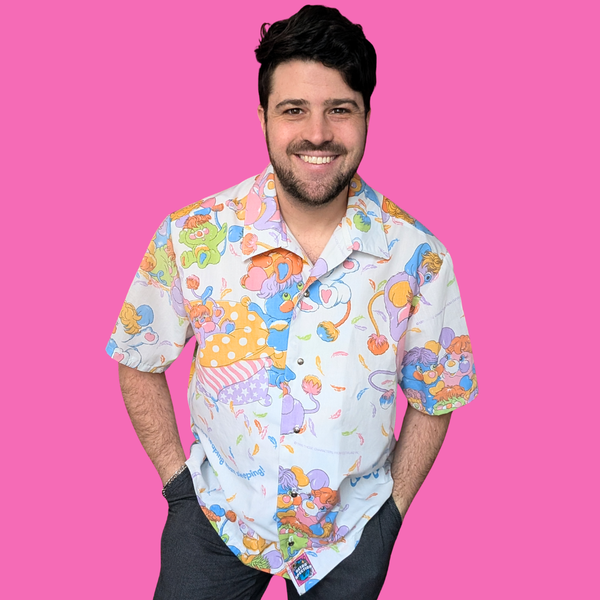 Handmade, Upcycled Vintage Popples Bed Sheet Short Sleeve Button Down T-Shirt L