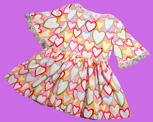Handmade, Upcycled Rainbow Hearts Bedsheet Dress Fits Size S