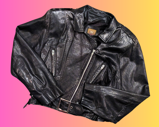 Vintage 1990's Laurence Roy Compagnie Internationale Meilleure Qualité Black Biker, Rocker Genuine Leather Jacket Size M