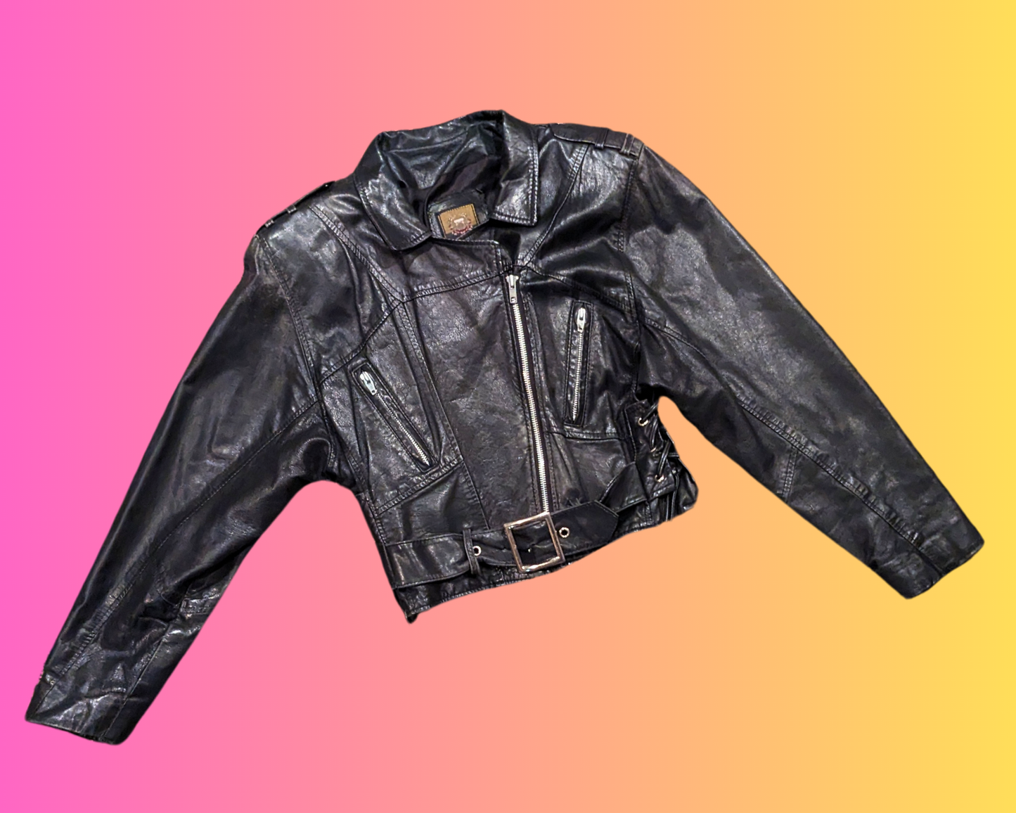 Vintage 1990's Laurence Roy Compagnie Internationale Meilleure Qualité Black Biker, Rocker Genuine Leather Jacket Size M