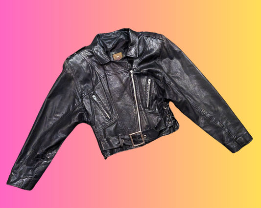 Vintage 1990's Laurence Roy Compagnie Internationale Meilleure Qualité Black Biker, Rocker Genuine Leather Jacket Size M