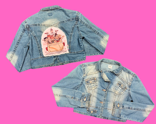 Handmade, Upcycled Denim Jacket with a Flintstones T-Shirt Size XXL for Women but It Fits Much Smaller