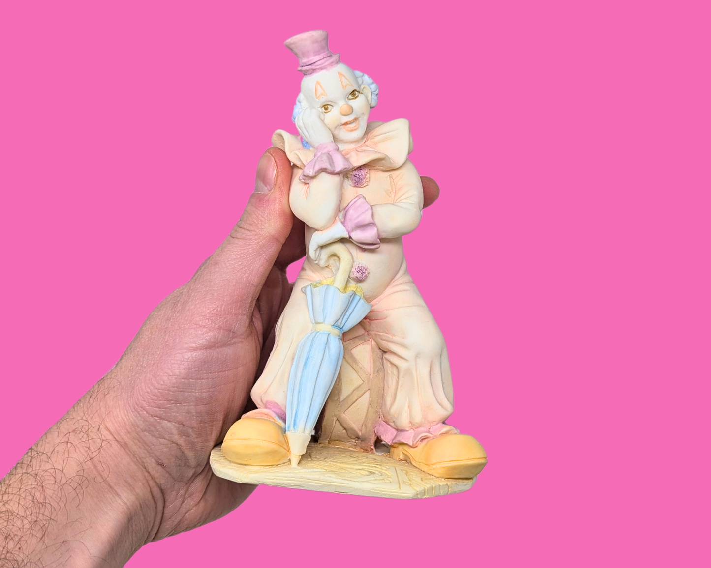 Vintage 1990's Ceramic Porcelain Pink Pastel Clown with Umbrella Sitting on Drum