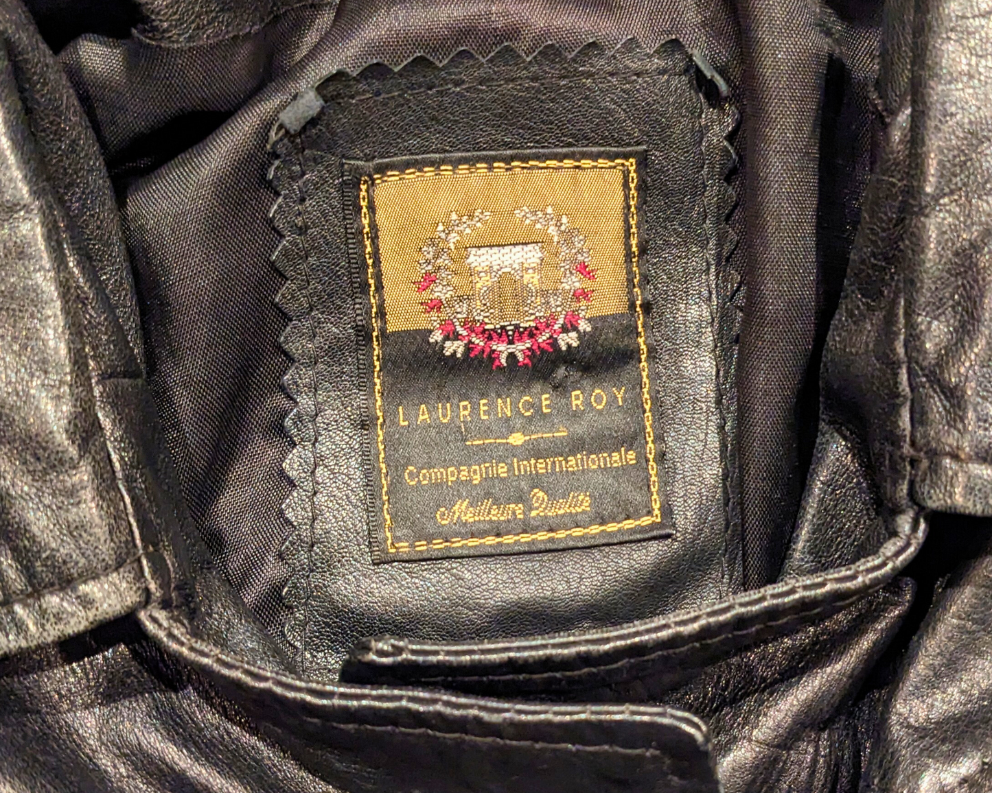 Vintage 1990's Laurence Roy Compagnie Internationale Meilleure Qualité Black Biker, Rocker Genuine Leather Jacket Size M