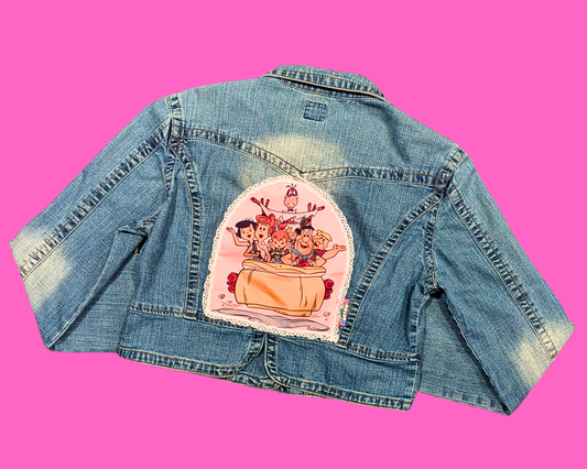 Handmade, Upcycled Denim Jacket with a Flintstones T-Shirt Size XXL for Women but It Fits Much Smaller