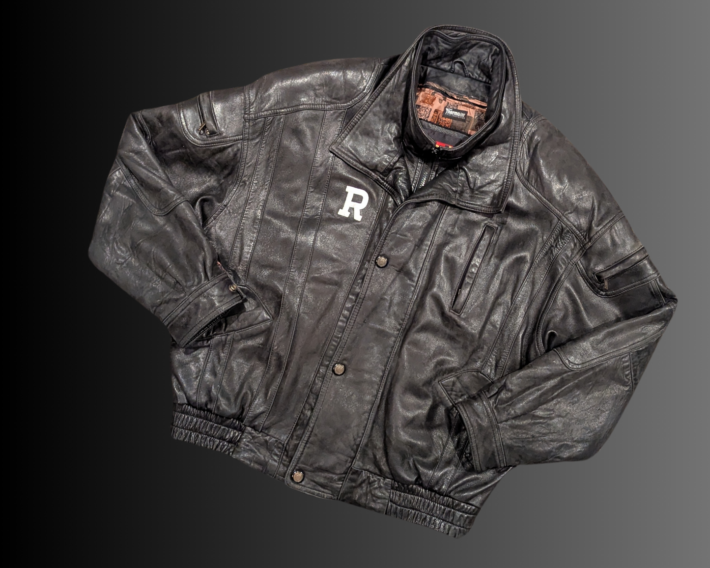 Vintage 1990's Black Leather Jacket, Letter R Embroidered on the Front by Dimitri Size M