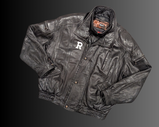 Vintage 1990's Black Leather Jacket, Letter R Embroidered on the Front by Dimitri Size M
