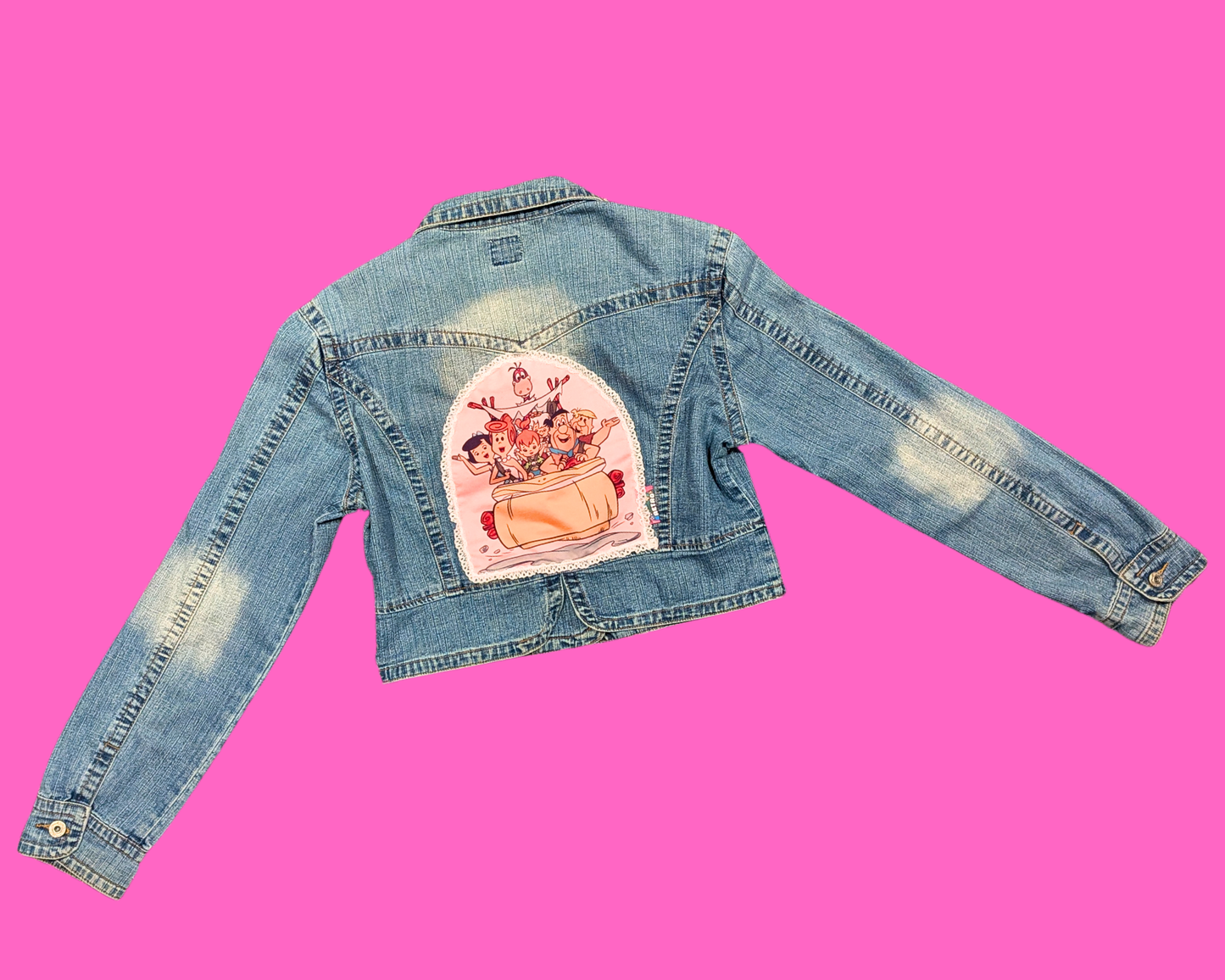 Handmade, Upcycled Denim Jacket with a Flintstones T-Shirt Size XXL for Women but It Fits Much Smaller