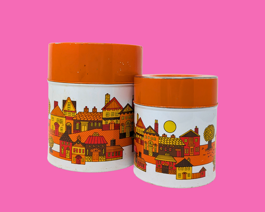 Deux boîtes décoratives rondes assorties vintage des années 1970