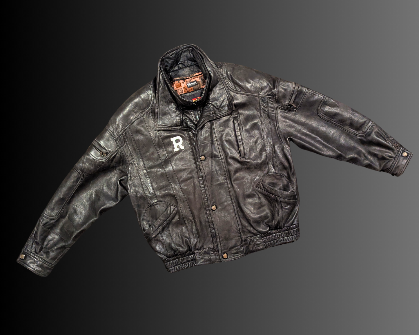 Vintage 1990's Black Leather Jacket, Letter R Embroidered on the Front by Dimitri Size M