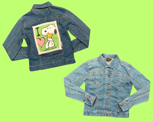 Handmade, Upcycled Denim Jacket with a Peanut, Snoopy ''I Love Quebec, Canada'' T-Shirt Size S for Women