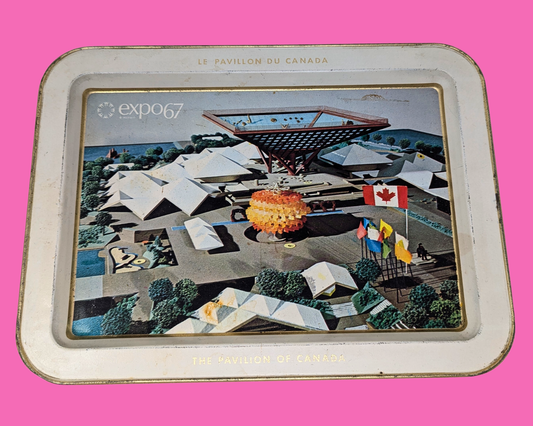 Plateau en métal vintage représentant l'Exposition universelle de Montréal de 1966