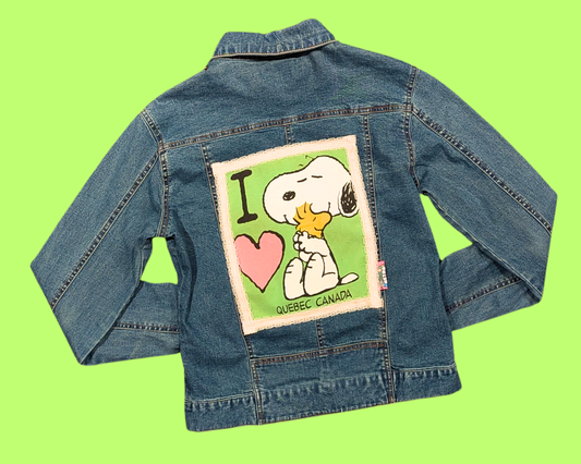 Handmade, Upcycled Denim Jacket with a Peanut, Snoopy ''I Love Quebec, Canada'' T-Shirt Size S for Women