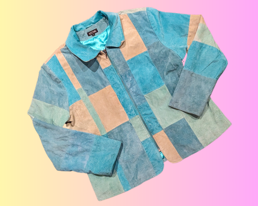 Vintage 1990's Blue Leather Patchwork Styled Jacket Size XL for Women