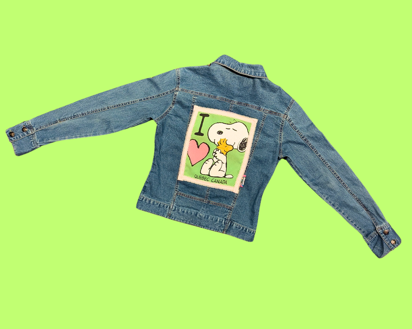 Handmade, Upcycled Denim Jacket with a Peanut, Snoopy ''I Love Quebec, Canada'' T-Shirt Size S for Women
