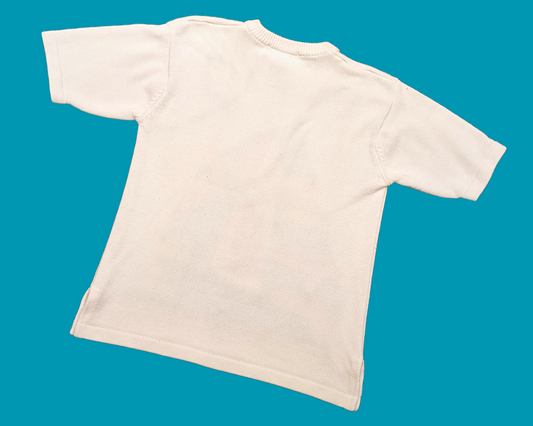 Pull vintage en tricot blanc des années 1980, voilier coloré, taille S