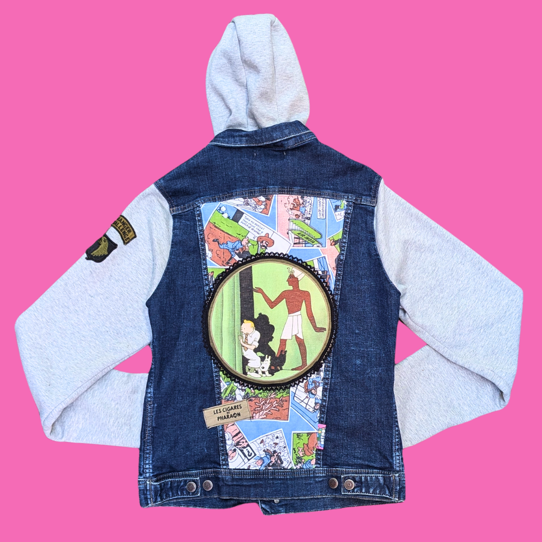 Tintin, Les Cigares du Pharaon Upcycled T-Shirt Denim Jacket with Hoodie Size L