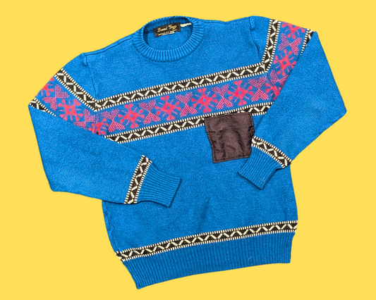 Vintage 1990's Blue and Red Knit Sweater by David Greg Size S