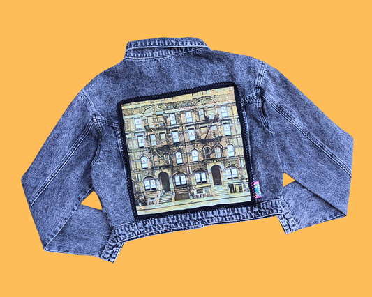 Veste en jean noir Led Zeppelin faite main et recyclée, taille S