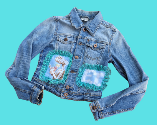 Handmade, Upcycled Denim Jacket Patched Up with Bedsheets Scraps of E.T Size S