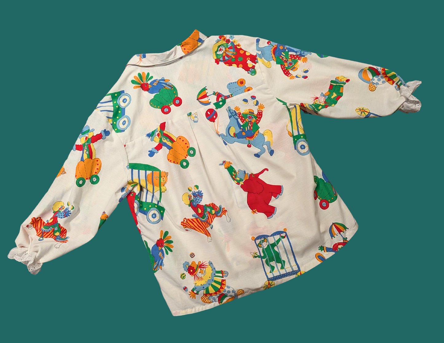 Handmade, Upcycled Vintage Clowns Bedsheet Mid-Length Sleeve Button Down T-Shirt L