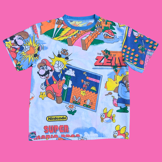 Handmade, Upcycled Nintendo Super Mario Bros + Zelda Bedsheet T-Shirt Oversized S-M, Fitted L-XL