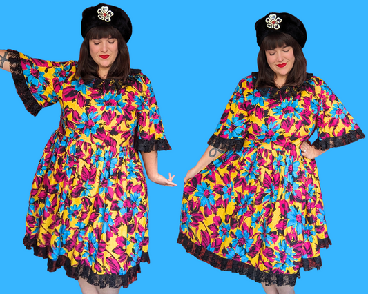 Robe vintage à motifs floraux des années 1980, fabriquée à la main et recyclée, tailles L à XL