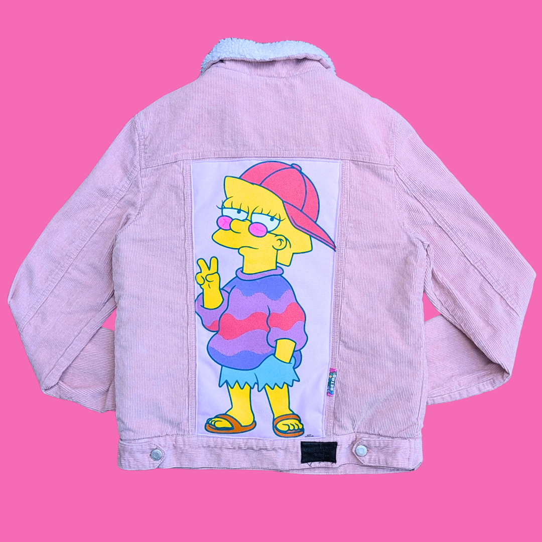 Lisa Simpson Upcycled T-Shirt Warm, Pink Corduroy Jacket Size M