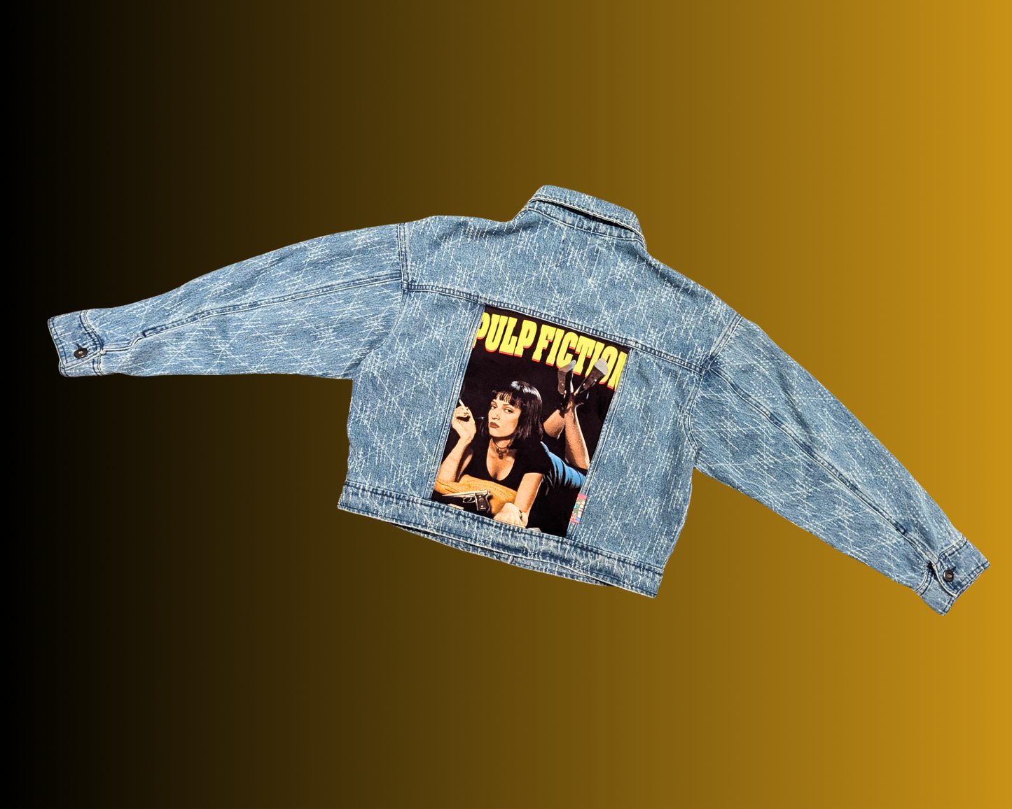 Handmade, Upcycled Pulp Fiction Denim Jacket Size 38 (M)