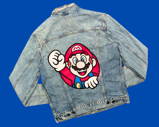 Handmade, Upcycled Denim Jacket with a Nintendo Super Mario Bros T-Shirt Size M for Men
