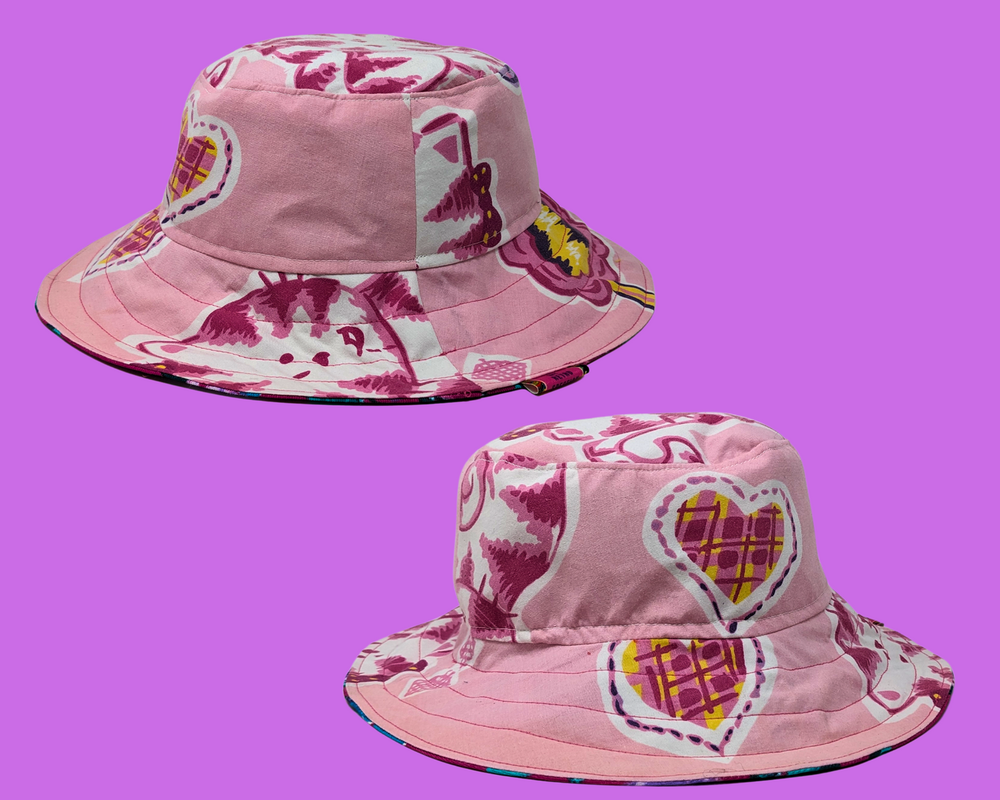 Handmade and Upcycled Pink Cats Patterned Bedsheet Reversible Bucket Hat
