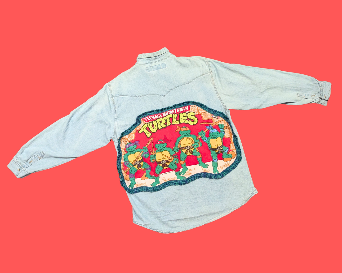 Handmade, Upcycled Teenage Mutant Ninja Turtles Pillow Case Denim Shirt/Jacket Size XL